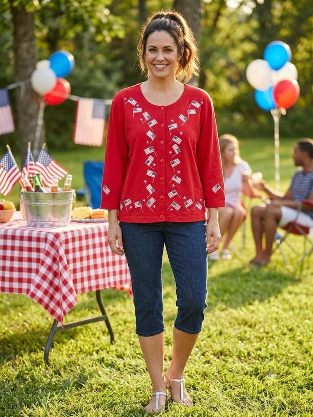 Vintage Jack B Quick Patriot Embroidered Beaded Flags Stars Cardigan Top Size L
